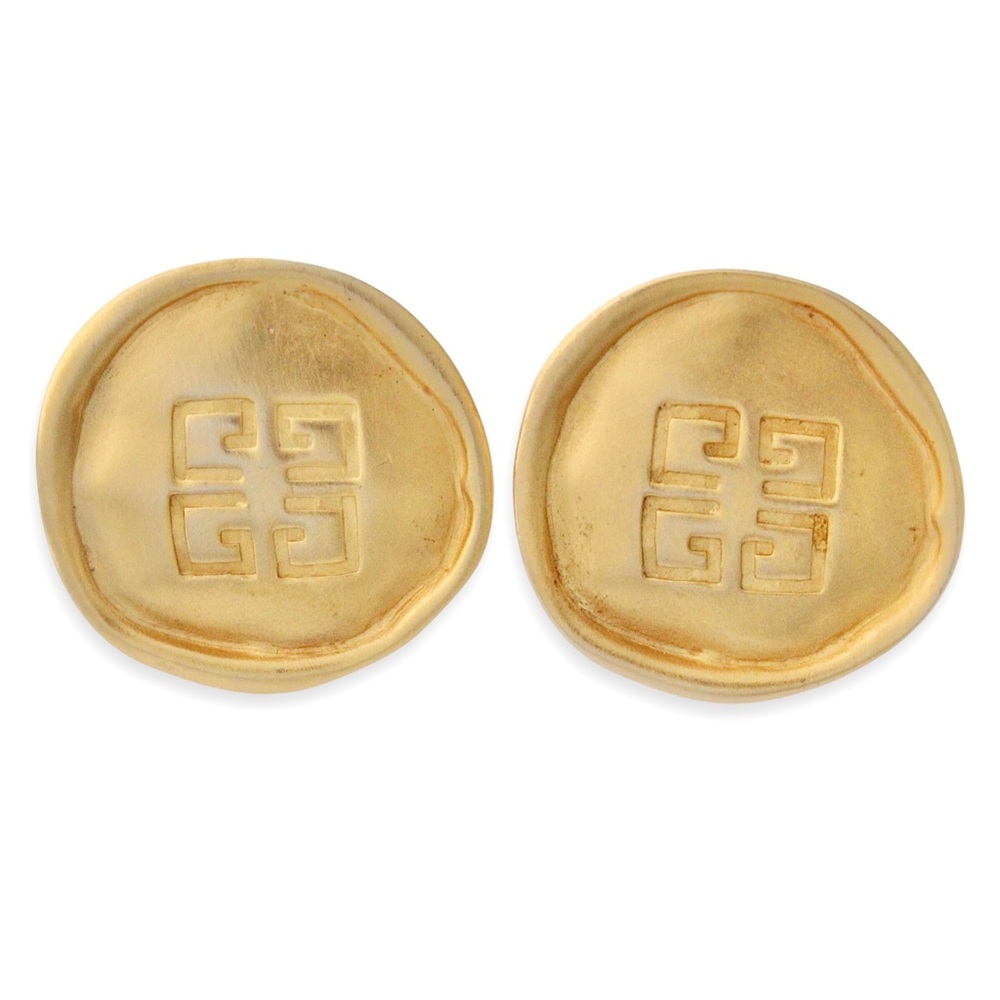 Vintage Givenchy Clip On Earrings 4G Logo Brushed Satin Gold Tone Signed
